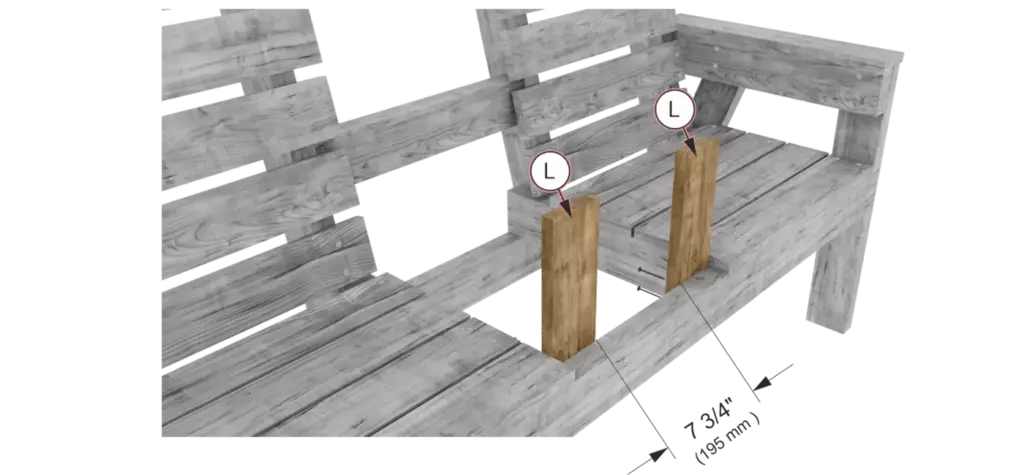 Jack and Jill bench assembly step 12 - Installing the vertical table supports with 7-3/4 inch spacing