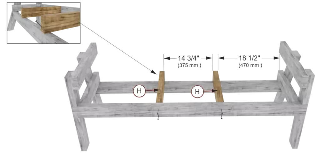Double chair bench with table assembly step 5 - Attaching the cross supports to the front and rear beams