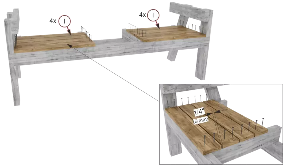 Jack and Jill bench assembly step 6 - Installing wooden seat slats with a quarter inch gap