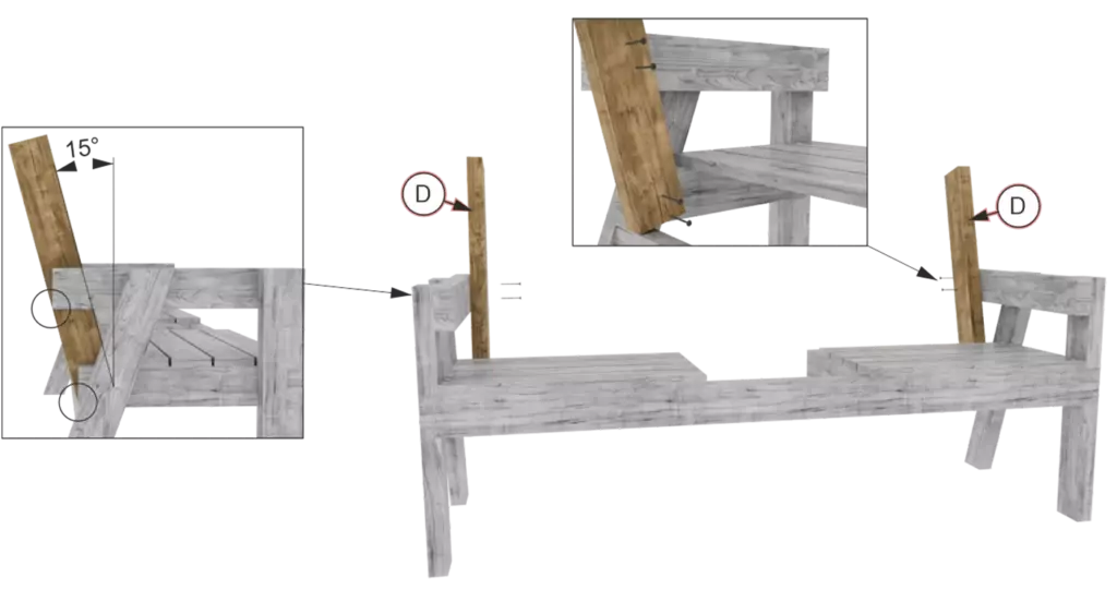 Double chair bench with table assembly step 7 - Attaching the outer backrest supports at a 15-degree angle