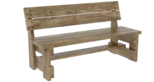 Finished handmade DIY outdoor wooden bench with backrest ready for a protective wood finish.