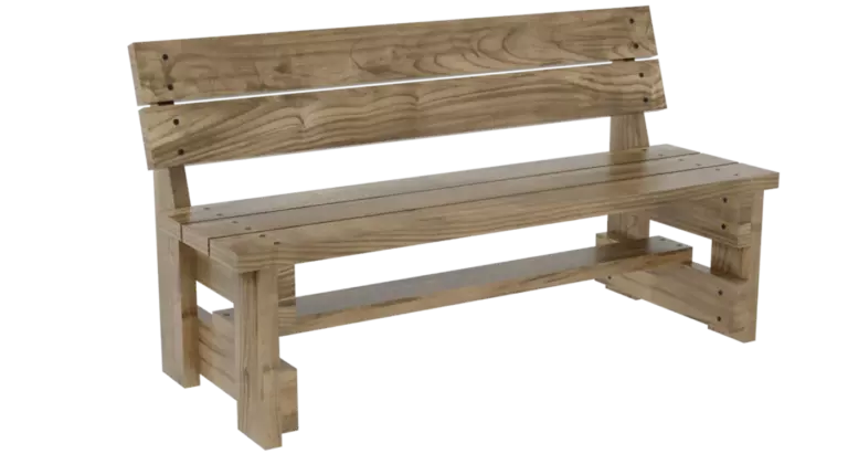 Finished handmade DIY outdoor wooden bench with backrest ready for a protective wood finish.