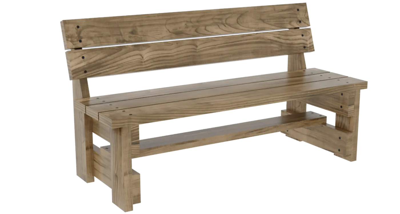 Finished handmade DIY outdoor wooden bench with backrest ready for a protective wood finish.