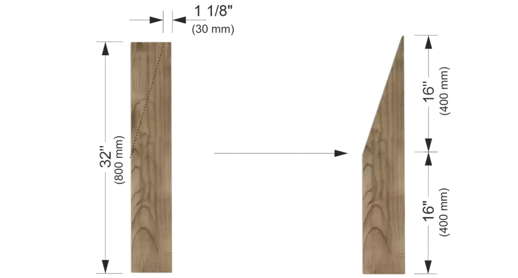 Measuring and cutting a 75-degree angle on Board C for the DIY outdoor bench backrest support.