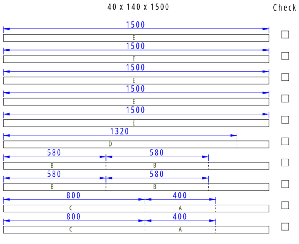 Metric wood cutting diagram in millimeters for a 2x6 lumber DIY outdoor bench project, detailing exact dimensions for boards A to E.