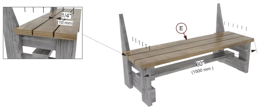 Attaching 60-inch seat boards E to the bench frame with a 1/4-inch gap between the wood panels.