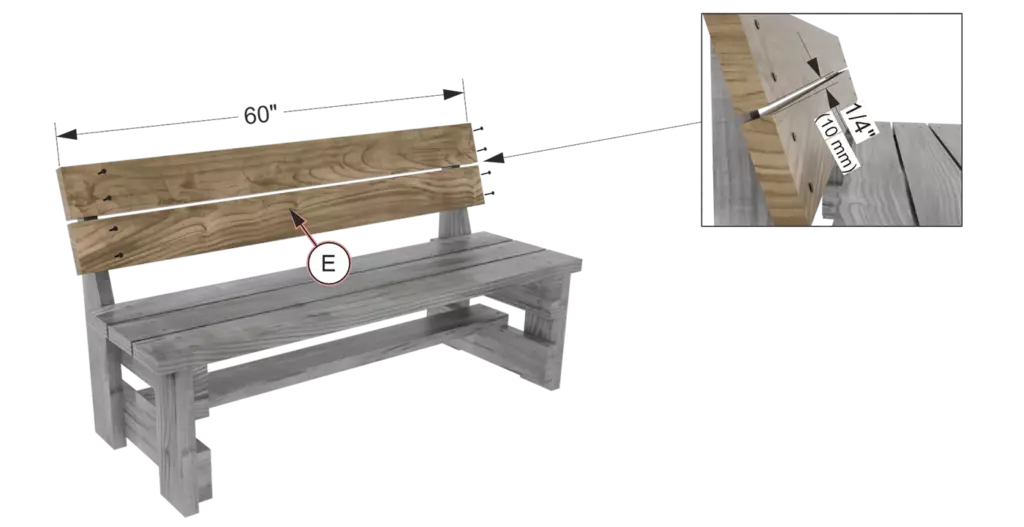 Installing the upper backrest boards E on the angled wooden supports with 1/4-inch gaps.