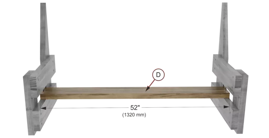 Connecting two bench side frames with a 52-inch horizontal support board D using wood screws.