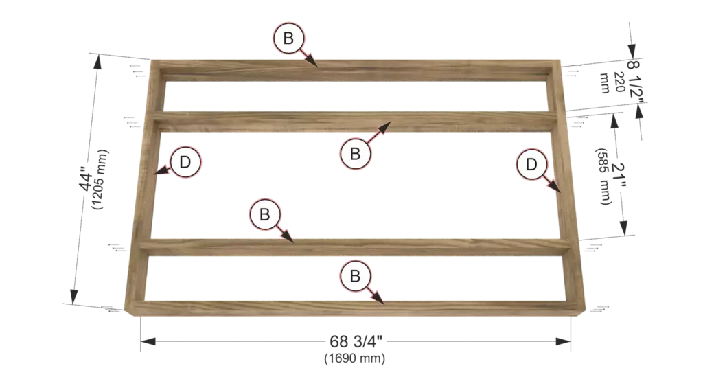 Step 1 diagram for a DIY floating bed base assembly with inches and millimeters