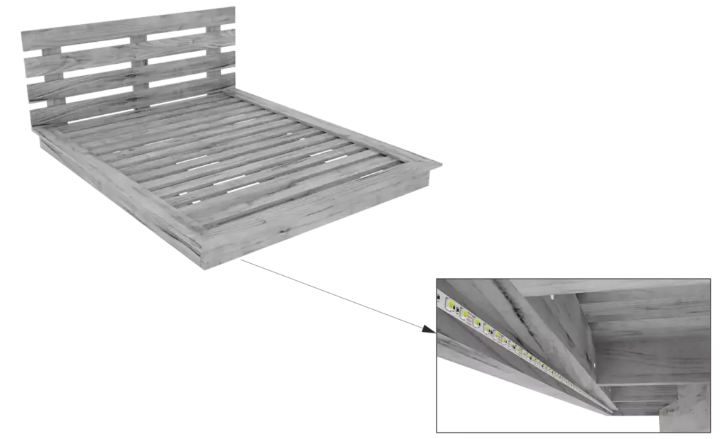 Step 14 diagram showing the installation of a 229 inch LED light strip inside the floating bed frame for an underglow levitation effect