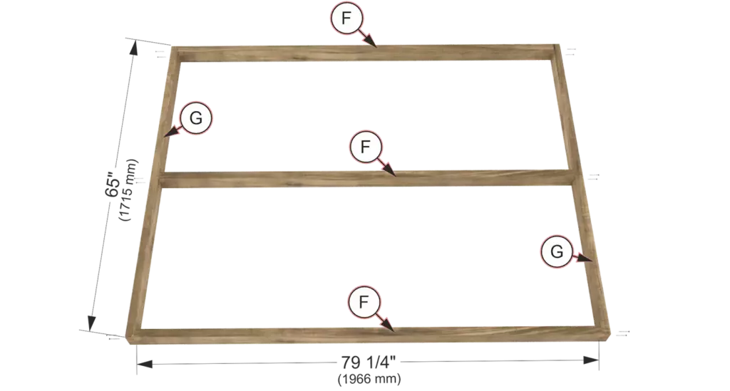 Step 2 diagram for the main floating bed frame assembly with measurements in inches and millimeters