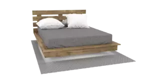 A completed wooden DIY floating platform bed with a headboard, mattress, and pillows, showcasing a modern levitation effect