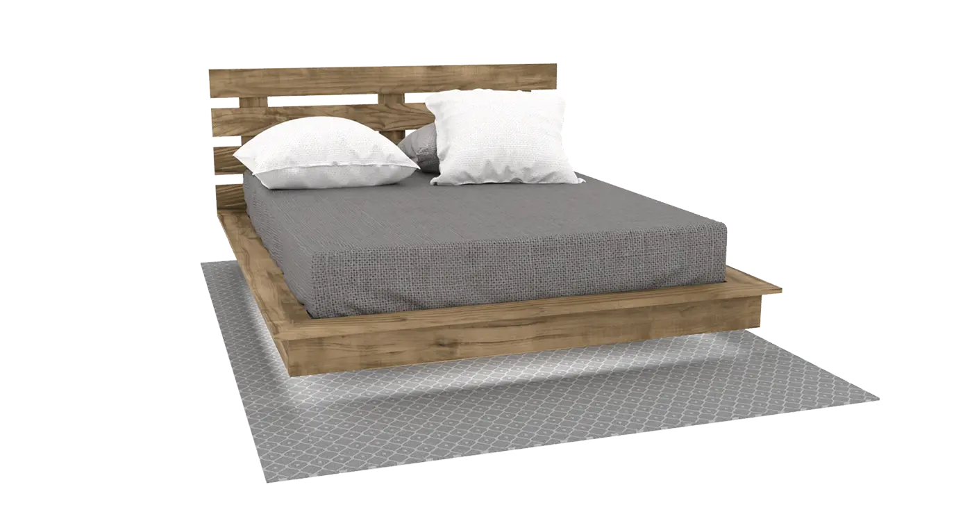 A completed wooden DIY floating platform bed with a headboard, mattress, and pillows, showcasing a modern levitation effect