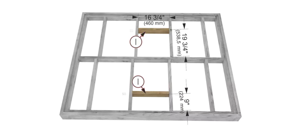Step 5 diagram showing two 2x4 wood blocks installed inside the main bed frame to align with the base