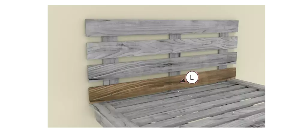 Step 13 diagram showing the installation of the fourth bottom wood slat labeled L onto the headboard frame