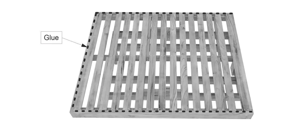 Step 8 diagram showing where to apply wood glue along the perimeter of the floating bed slats