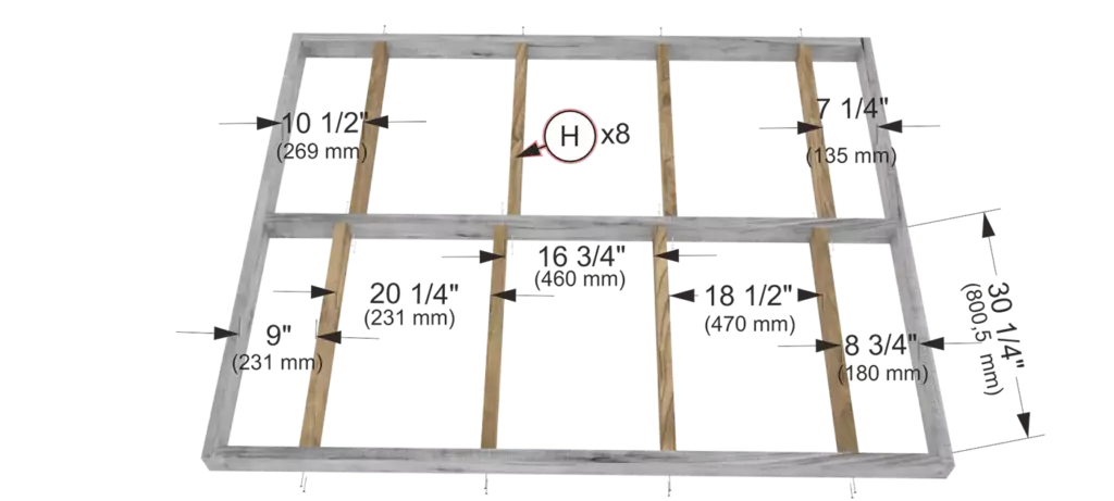Step 3 diagram showing the installation of 8 inner wood supports for a floating bed frame