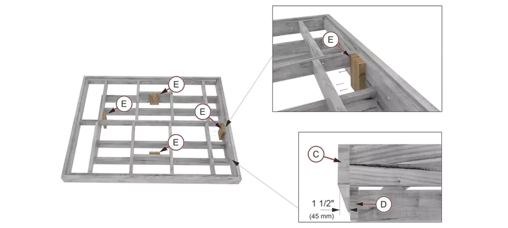 Step 6 diagram showing the installation of wood blocks labeled E to secure the floating bed frame to its base