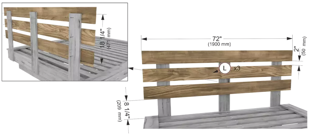 Step 11 diagram showing three horizontal 1x6 wood boards attached to the vertical supports to form the headboard