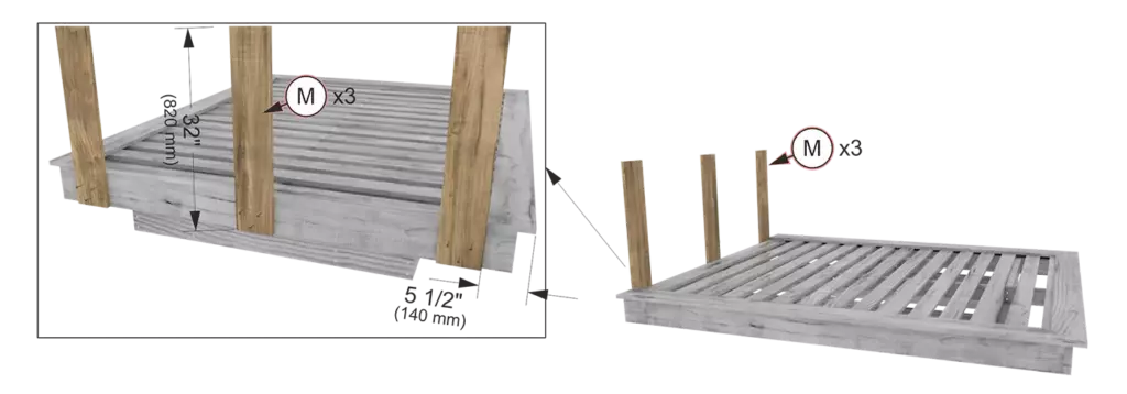 Step 10 diagram showing three vertical 1x6 wood boards attached to the back of a floating bed frame for headboard support