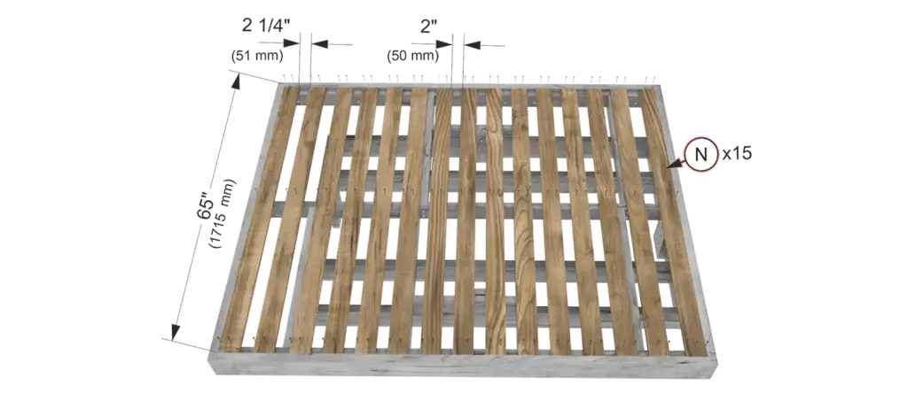 Step 7 diagram showing 15 wood slats layout with 2 inch spacing for a DIY floating bed frame