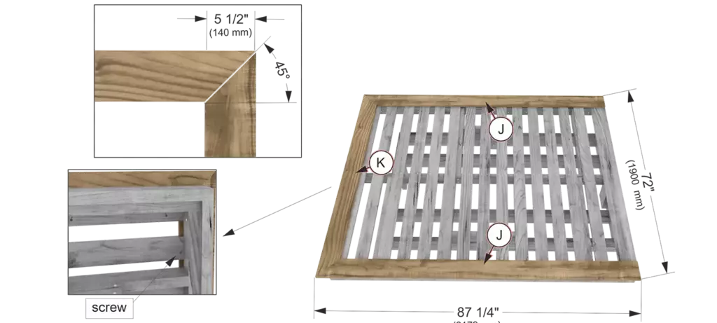 Step 9 diagram showing a 45 degree miter joint and straight butt joint options for the top 1x6 bed frame trim