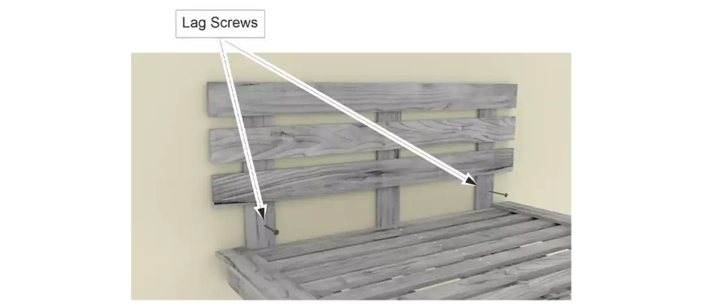 Step 12 diagram showing where to drive heavy duty lag screws through the headboard supports into the wall studs
