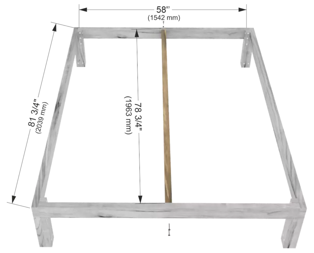 Step 2 of DIY Queen size wooden bed frame assembly showing 2x4 boards 38x89mm frame structure connected to the corner legs.