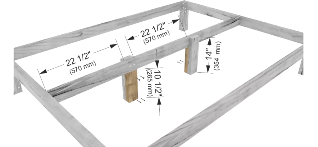 Step 3 of DIY Queen size wooden bed frame assembly showing center support legs made of 2x4 lumber 38x89mm installed for middle stability.