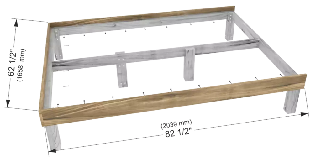 Step 4 of DIY Queen size wooden bed frame assembly showing exterior decorative trim installation using 1x6 lumber 19x140mm boards