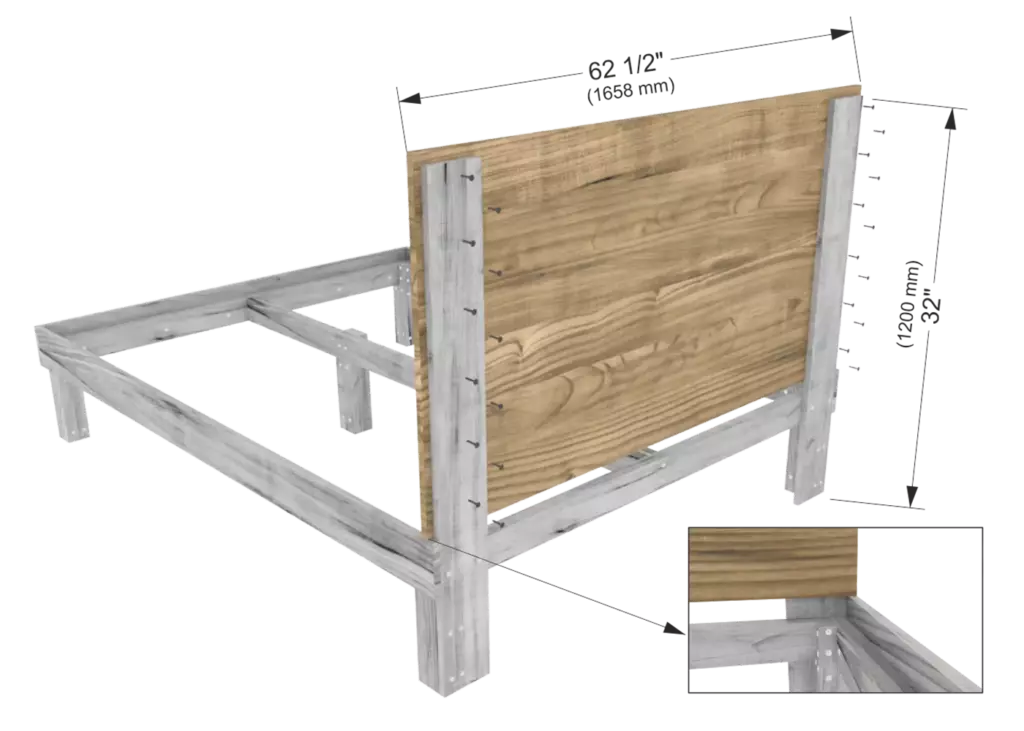 Step 5 of DIY Queen size wooden bed frame assembly showing horizontal 1x6 lumber 19x140mm boards attached to the headboard support posts.