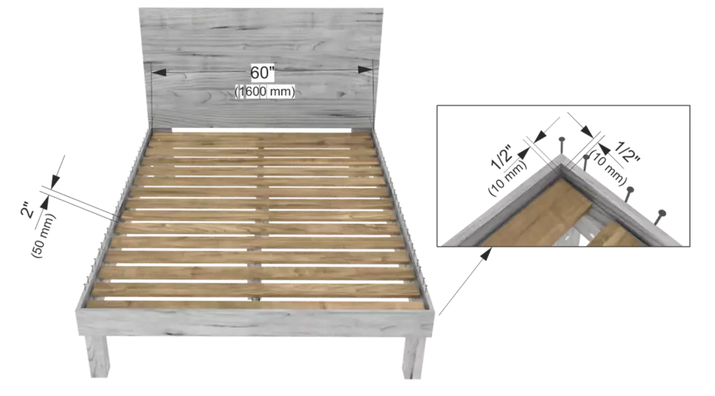 Step 6 of DIY Queen size wooden bed frame assembly showing 1x4 lumber 19x89mm bed slats being installed with 2-inch gaps.