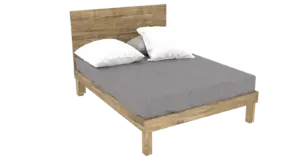 Finished heavy-duty DIY Queen size wooden platform bed frame with mattress and pillows made from standard 2x4 and 1x6 lumber.