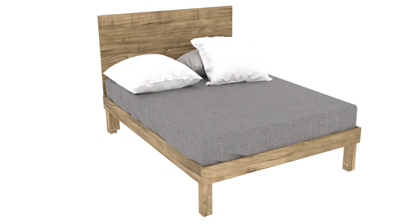 Finished heavy-duty DIY Queen size wooden platform bed frame with mattress and pillows made from standard 2x4 and 1x6 lumber.
