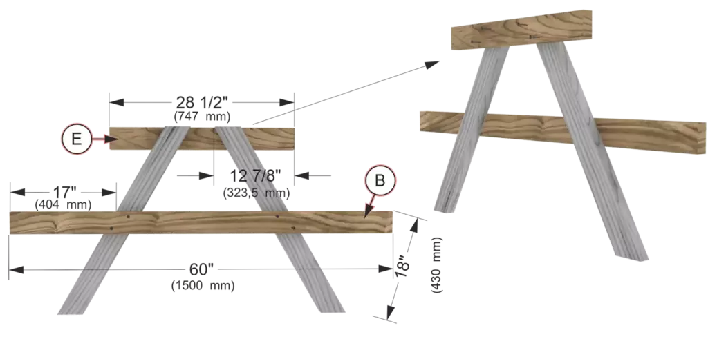 Step 2 diagram detailing how to attach upper board E and lower crossbeam B to the mitered 2x4 picnic table legs.
