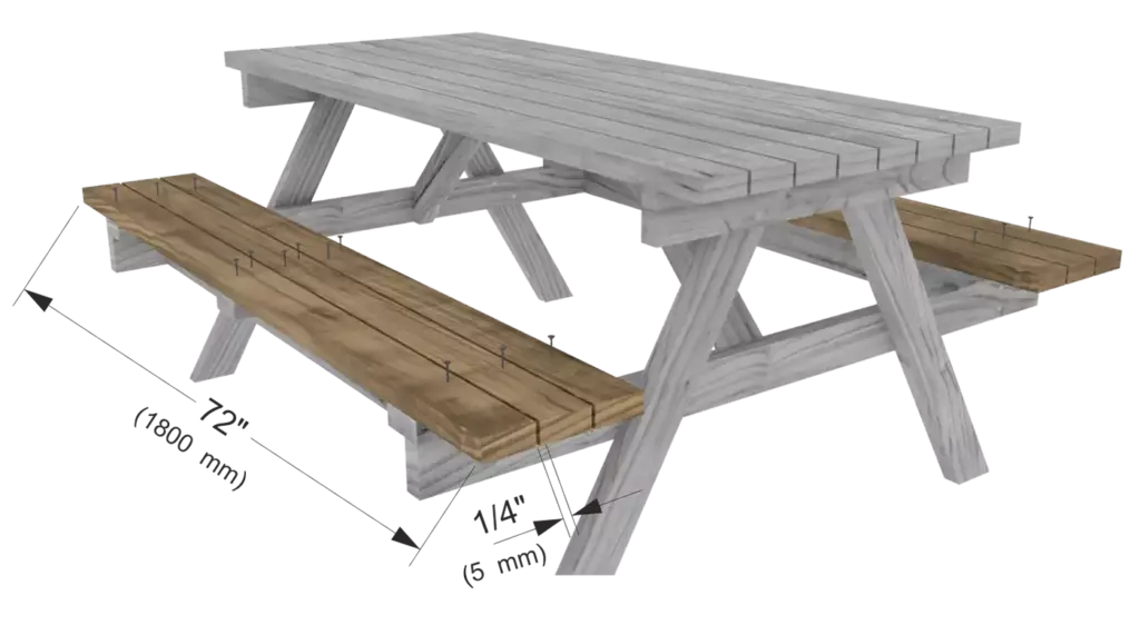 Step 6 final assembly diagram showing 3 bench boards installed on each side of the picnic table with 1/4 inch or 5 mm gaps.