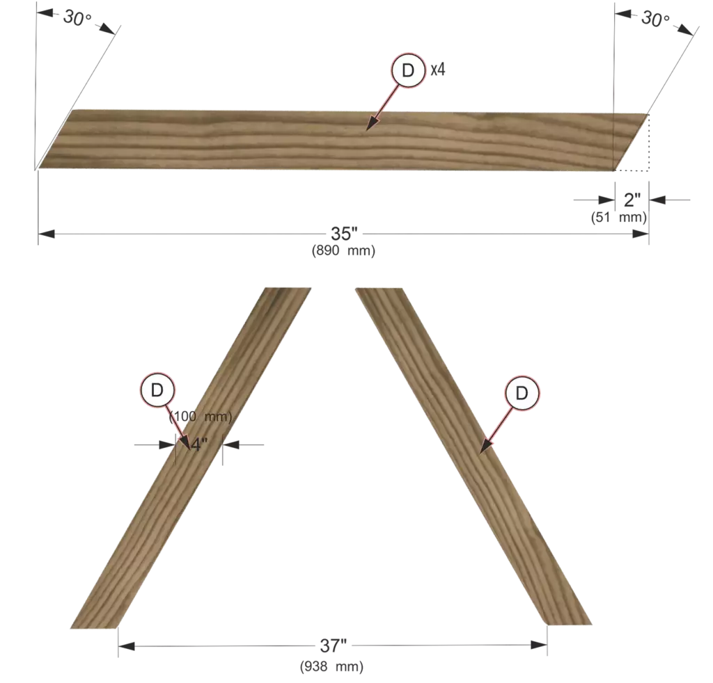 Step 1 blueprint showing how to cut 2x4 picnic table legs at a 30-degree angle with a 35-inch total length and 37-inch base spacing.