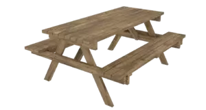 A completed DIY 6-foot wooden picnic table with attached benches made from 2x4 lumber, showcasing the durable structural frame and stained finish.
