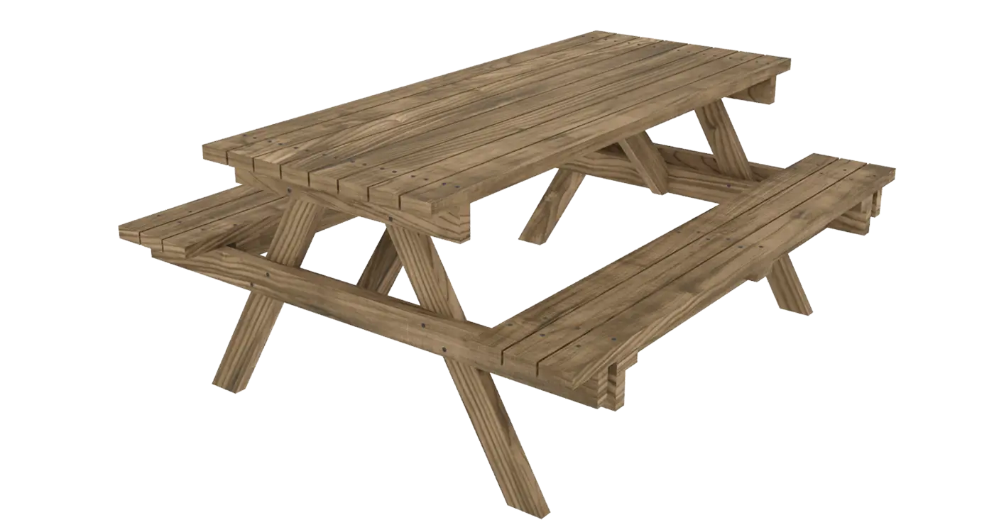 A completed DIY 6-foot wooden picnic table with attached benches made from 2x4 lumber, showcasing the durable structural frame and stained finish.