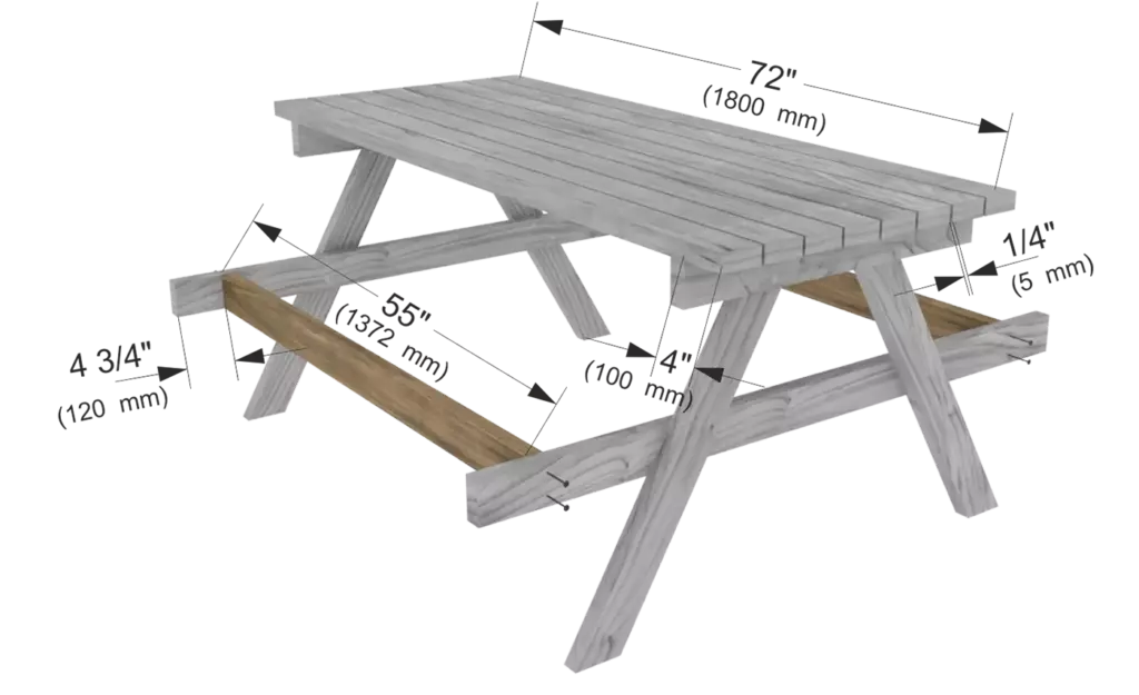 Step 3 blueprint showing 8 tabletop boards installed with 1/4 inch gaps and two inner bench support beams mounted between mitered leg crossbeams.
