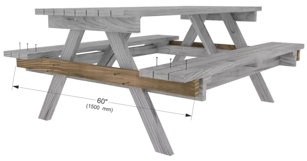 Step 7 blueprint showing the final installation of outer 60-inch crossbeam boards labeled B to reinforce the picnic table bench seats.