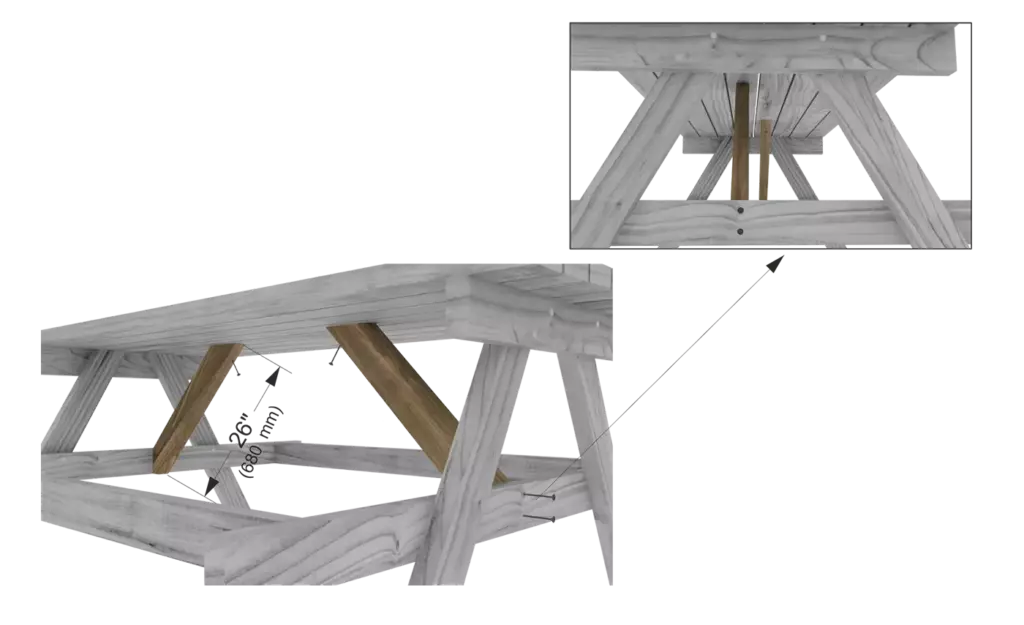 Step 4 3D rendering showing two 26-inch diagonal wood braces installed under the tabletop to stabilize the picnic table frame.