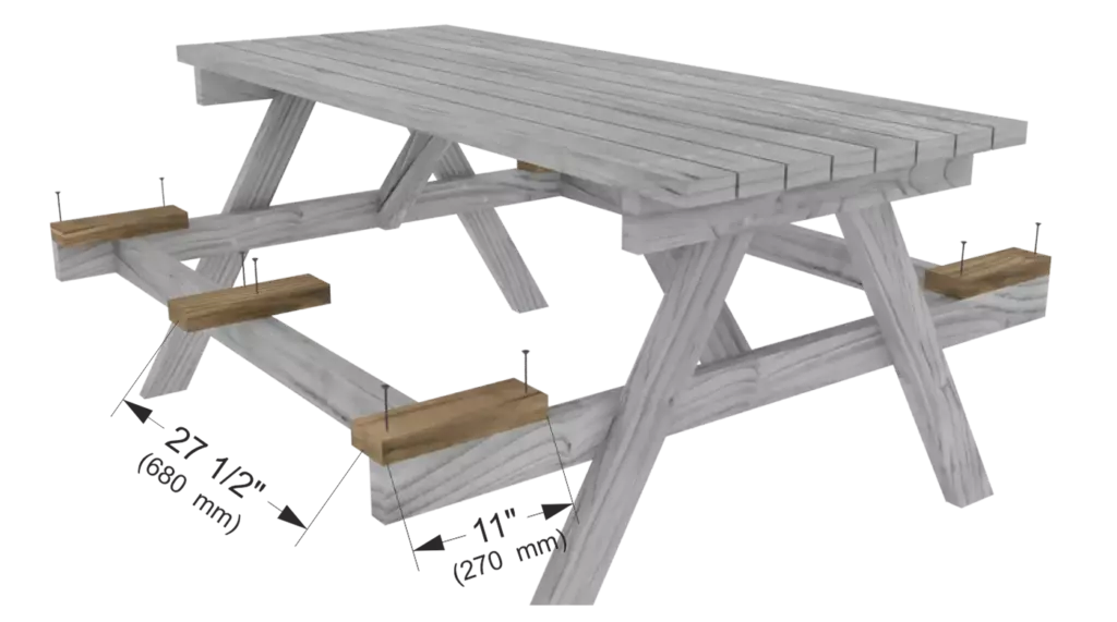 Step 5 blueprint showing how to install 11-inch cross-support cleats labeled G at a distance of 27 1/2 inches to reinforce the bench seats.